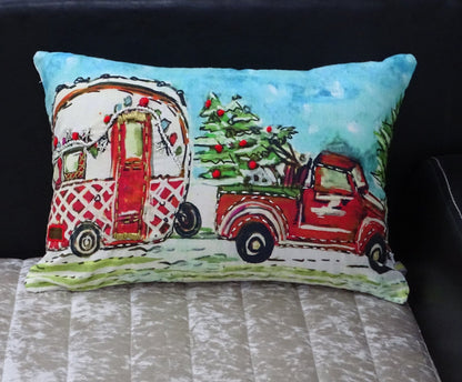 14" X 20" Red and Blue Christmas Holiday Van Throw Pillow