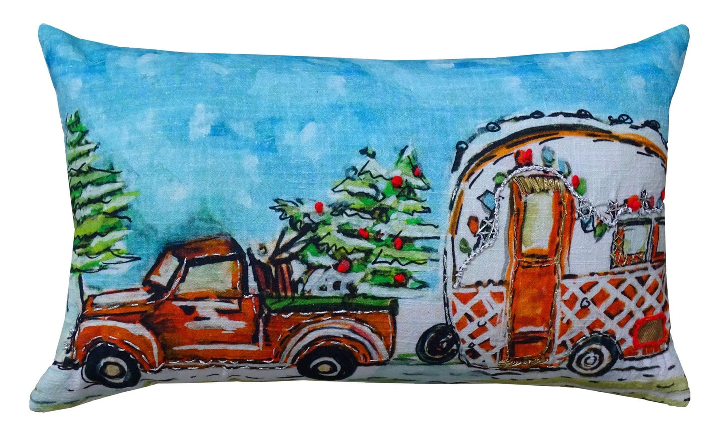 14" X 20" Red and Blue Christmas Holiday Van Throw Pillow