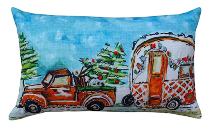 14" X 20" Red and Blue Christmas Holiday Van Throw Pillow