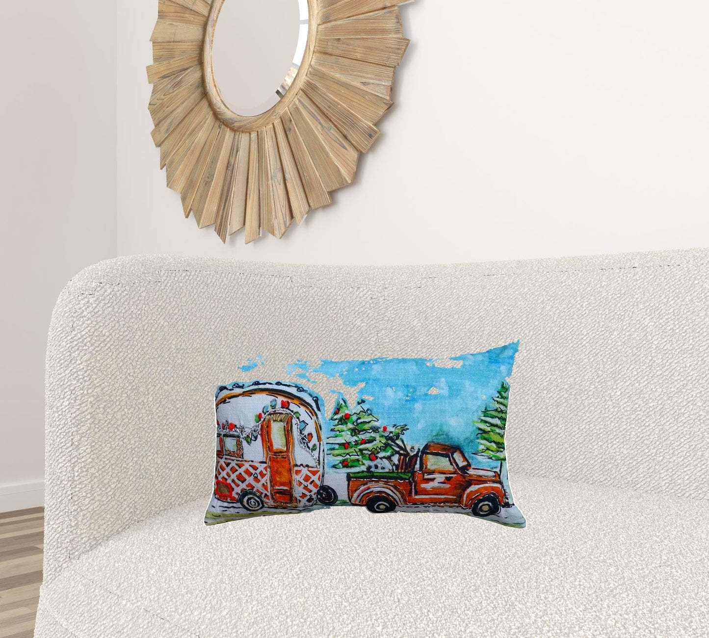 14" X 20" Red and Blue Christmas Holiday Van Throw Pillow