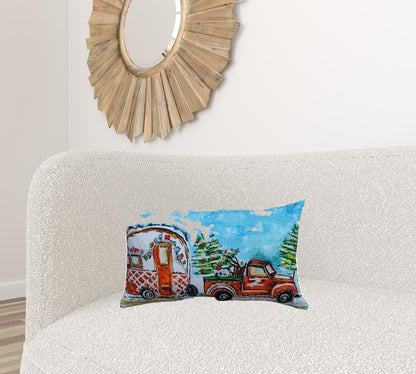 14" X 20" Red and Blue Christmas Holiday Van Throw Pillow