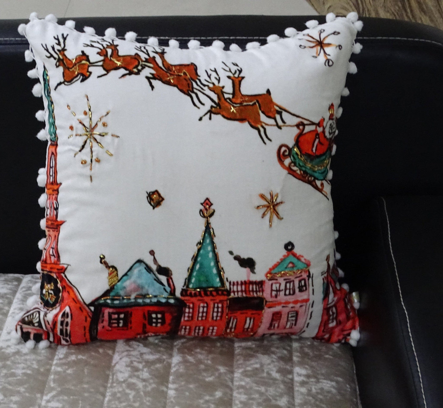 18" X 18" Red And Green Christmas Santa and Reindeer Throw Pillow With Pom Poms