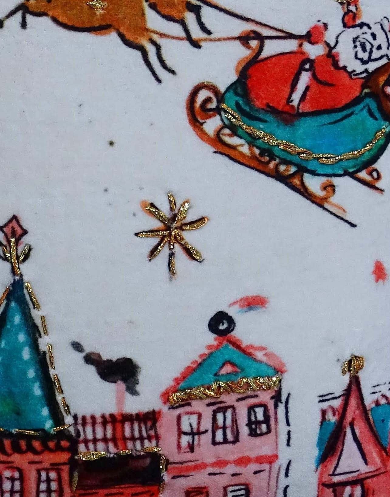 18" X 18" Red And Green Christmas Santa and Reindeer Throw Pillow With Pom Poms