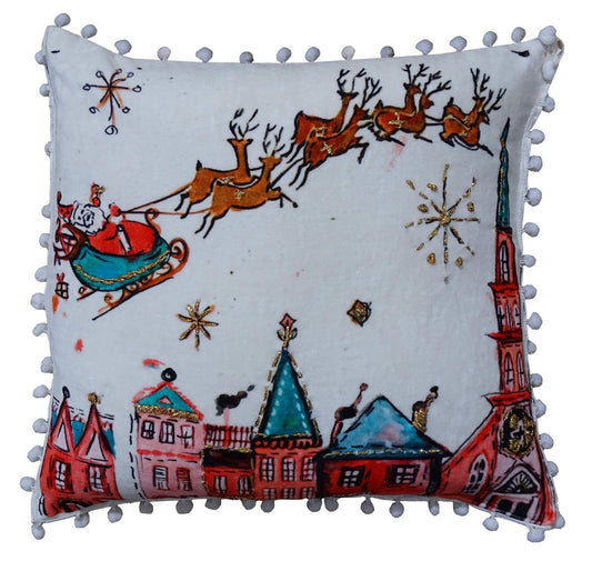18" X 18" Red And Green Christmas Santa and Reindeer Throw Pillow With Pom Poms