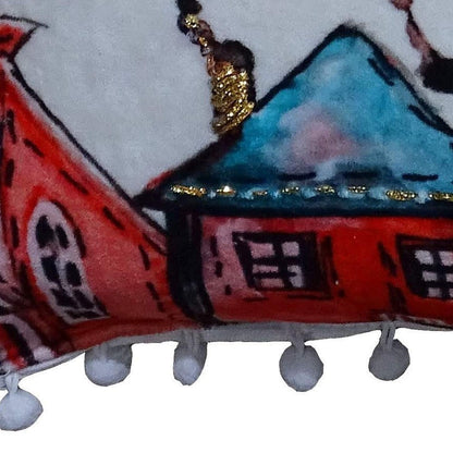 18" X 18" Red And Green Christmas Santa and Reindeer Throw Pillow With Pom Poms