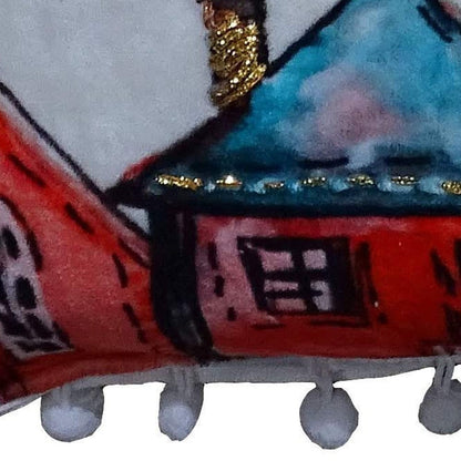 18" X 18" Red And Green Christmas Santa and Reindeer Throw Pillow With Pom Poms