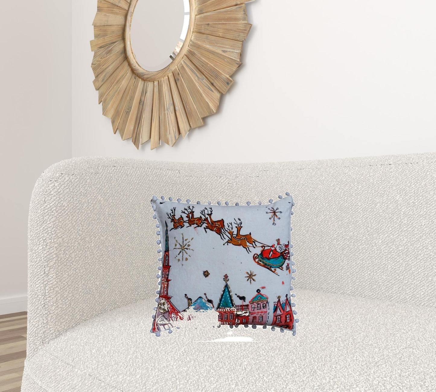 18" X 18" Red And Green Christmas Santa and Reindeer Throw Pillow With Pom Poms