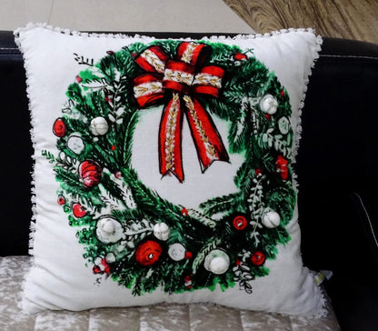 18" X 18" Red And Green Christmas Wreath Throw Pillow With Embroidery