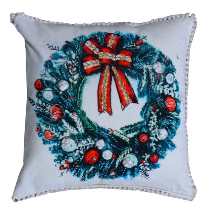 18" X 18" Red And Green Christmas Wreath Throw Pillow With Embroidery