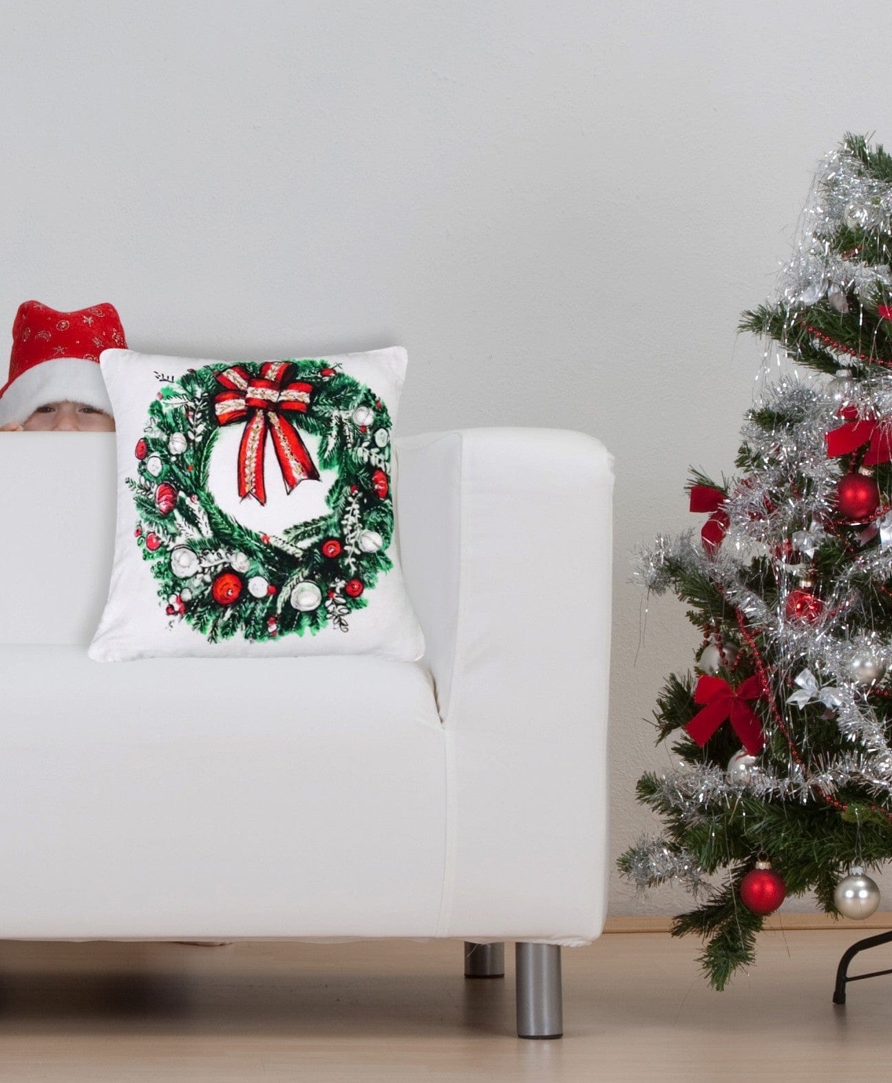 18" X 18" Red And Green Christmas Wreath Throw Pillow With Embroidery