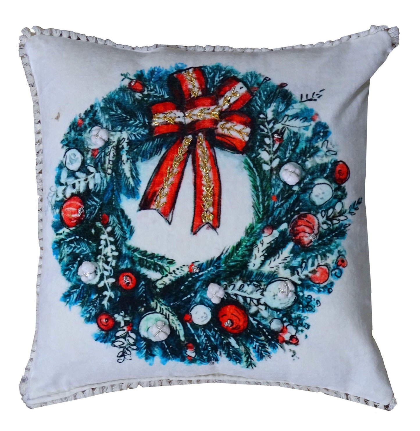 18" X 18" Red And Green Christmas Wreath Throw Pillow With Embroidery