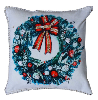 18" X 18" Red And Green Christmas Wreath Throw Pillow With Embroidery