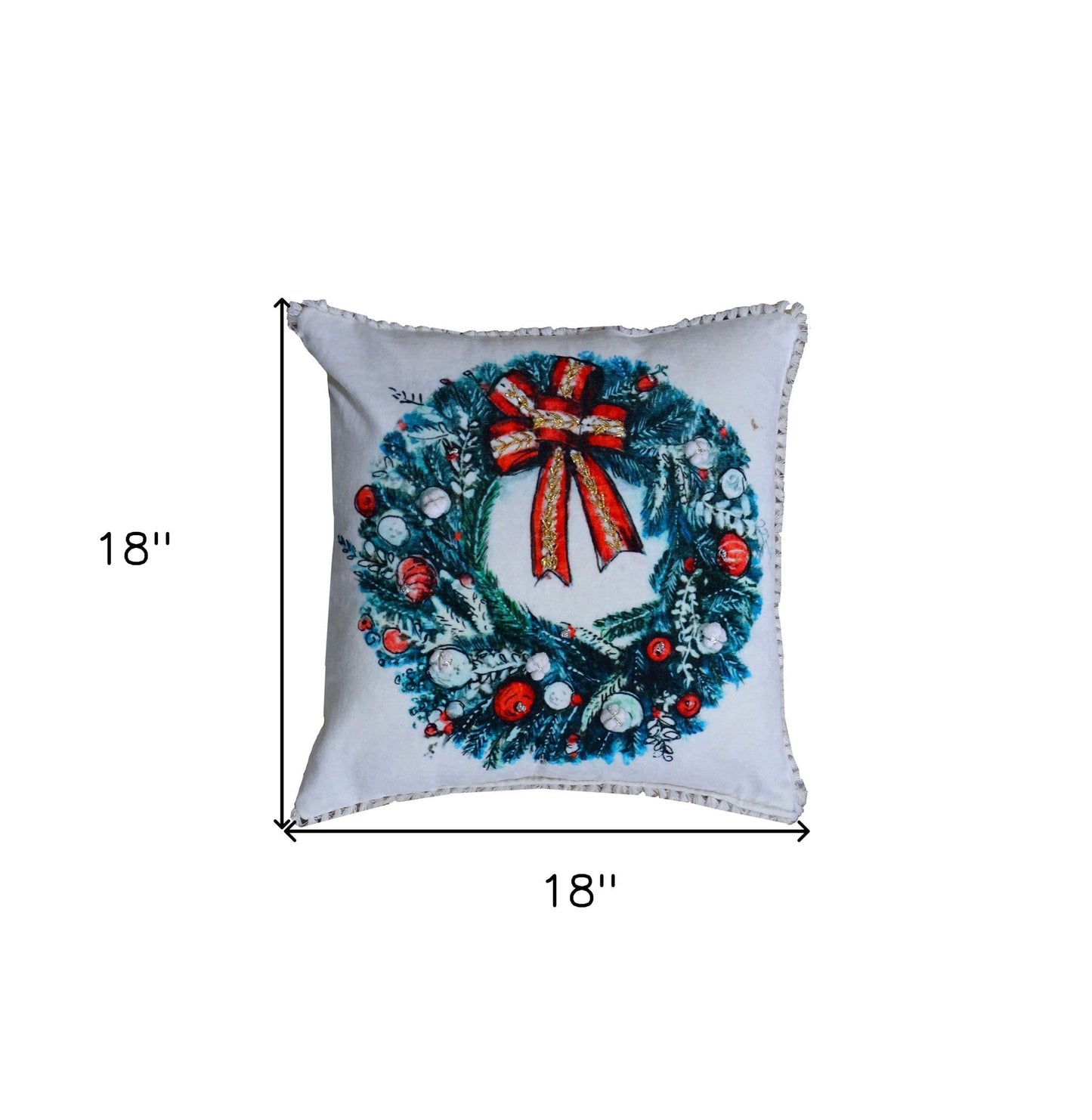 18" X 18" Red And Green Christmas Wreath Throw Pillow With Embroidery