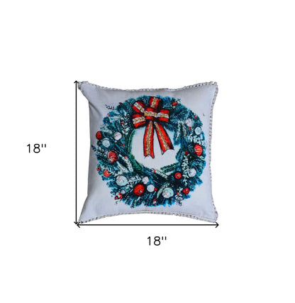 18" X 18" Red And Green Christmas Wreath Throw Pillow With Embroidery