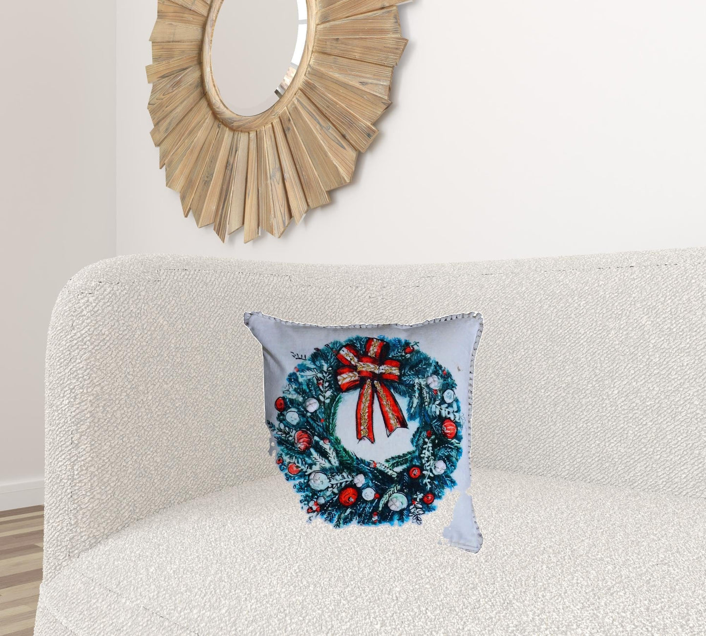 18" X 18" Red And Green Christmas Wreath Throw Pillow With Embroidery
