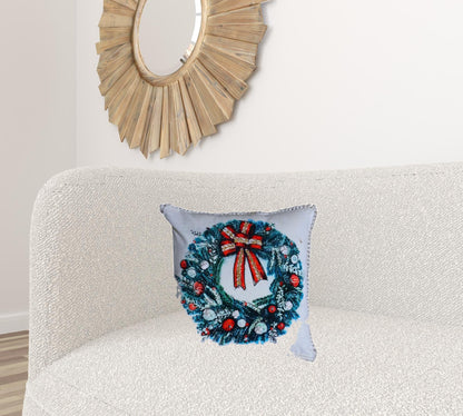 18" X 18" Red And Green Christmas Wreath Throw Pillow With Embroidery