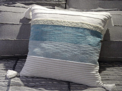 22" X 22" White And Light Blue Striped Zippered Handmade Cotton Blend Throw Pillow With Tassels