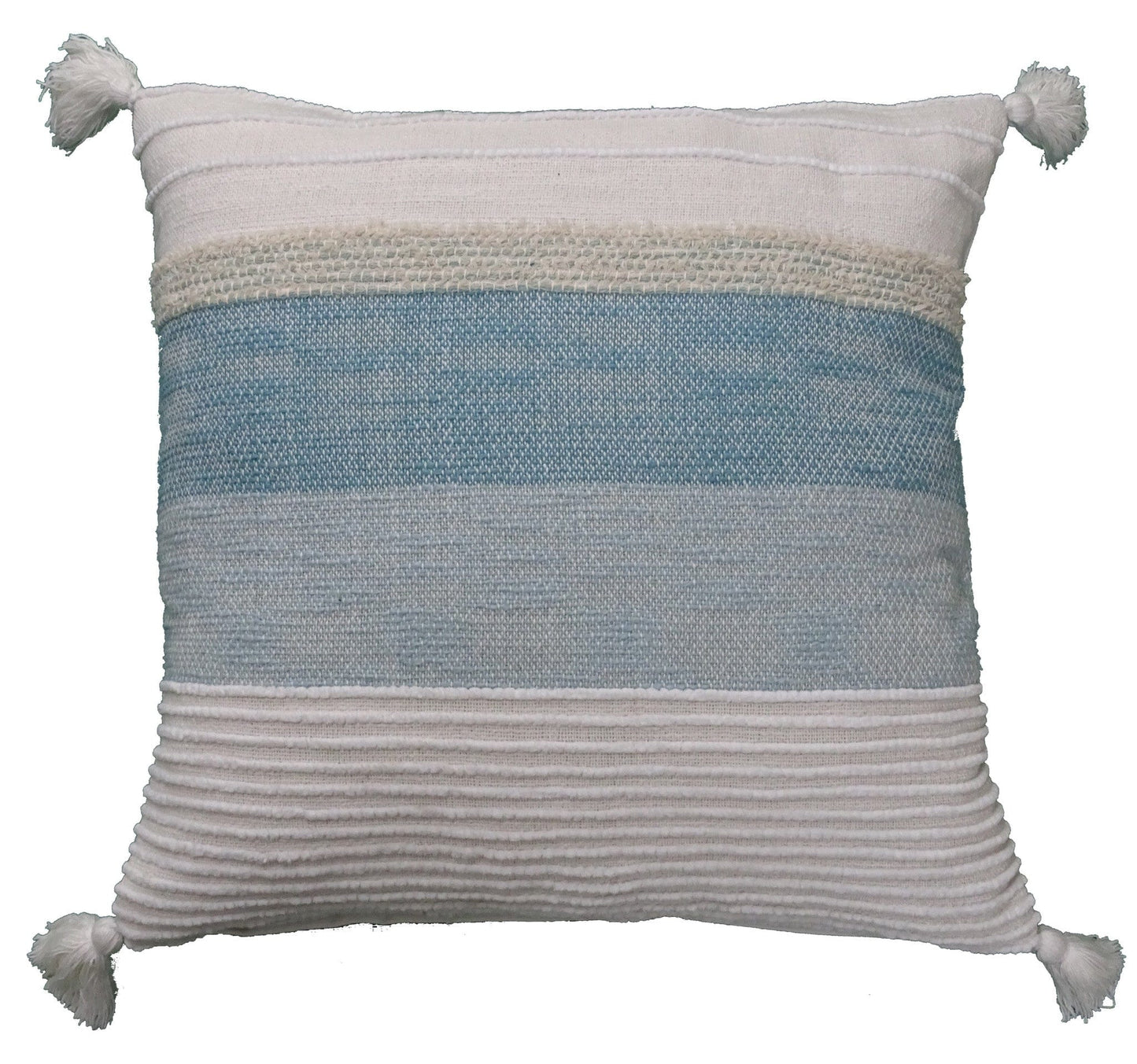 22" X 22" White And Light Blue Striped Zippered Handmade Cotton Blend Throw Pillow With Tassels