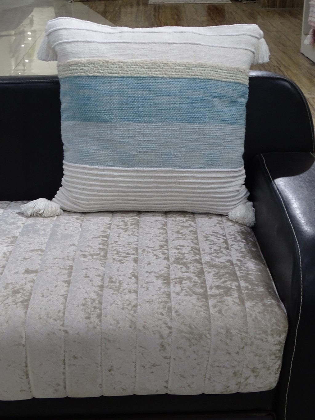 22" X 22" White And Light Blue Striped Zippered Handmade Cotton Blend Throw Pillow With Tassels