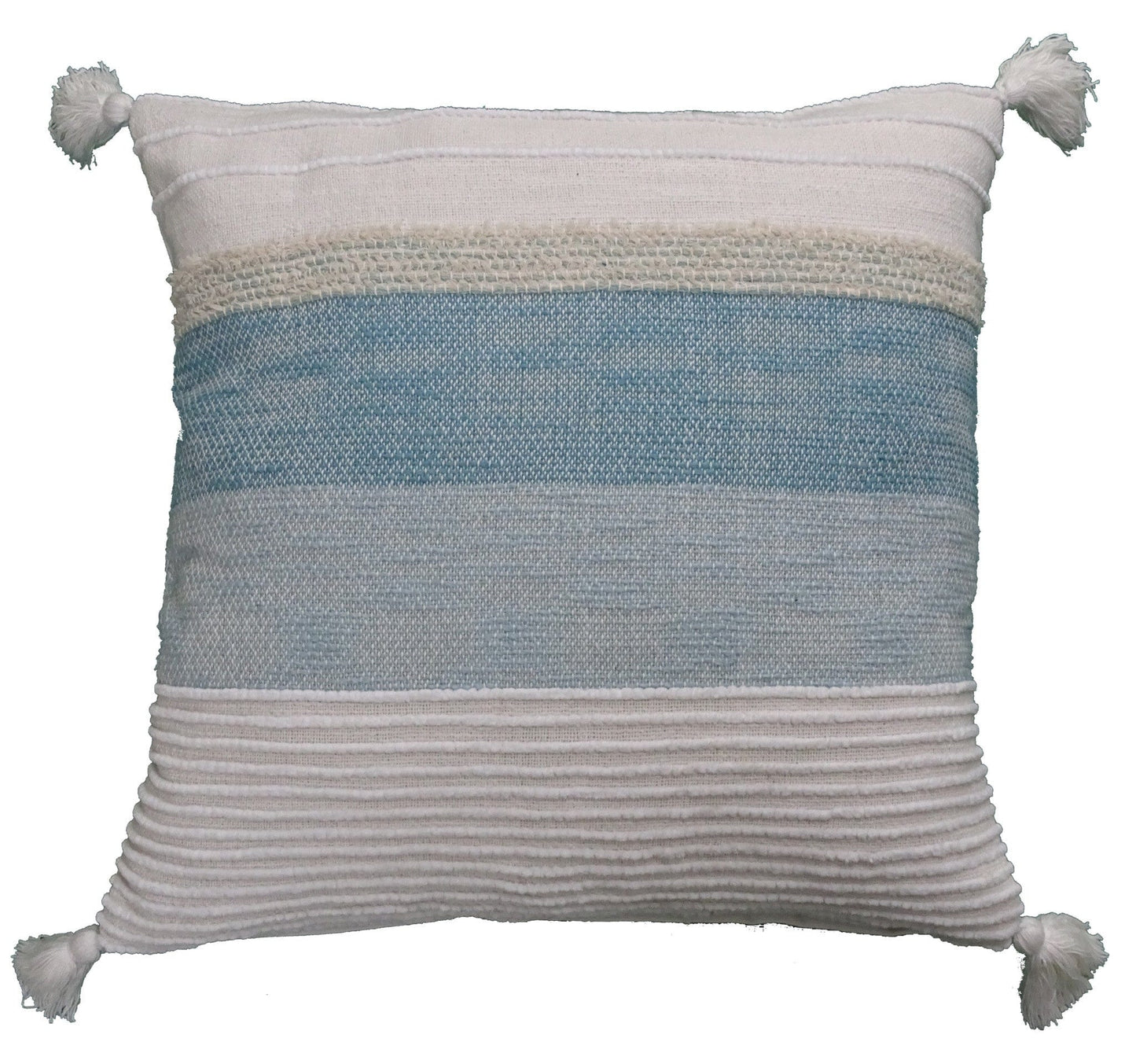 22" X 22" White And Light Blue Striped Zippered Handmade Cotton Blend Throw Pillow With Tassels