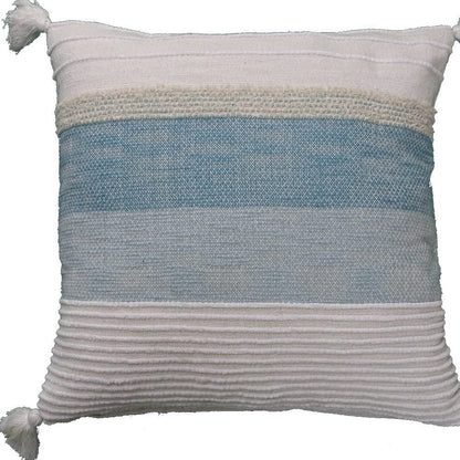 22" X 22" White And Light Blue Striped Zippered Handmade Cotton Blend Throw Pillow With Tassels