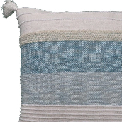 22" X 22" White And Light Blue Striped Zippered Handmade Cotton Blend Throw Pillow With Tassels