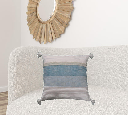 22" X 22" White And Light Blue Striped Zippered Handmade Cotton Blend Throw Pillow With Tassels