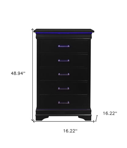 16" Black Solid Wood Five Drawer Chest with LED Lights