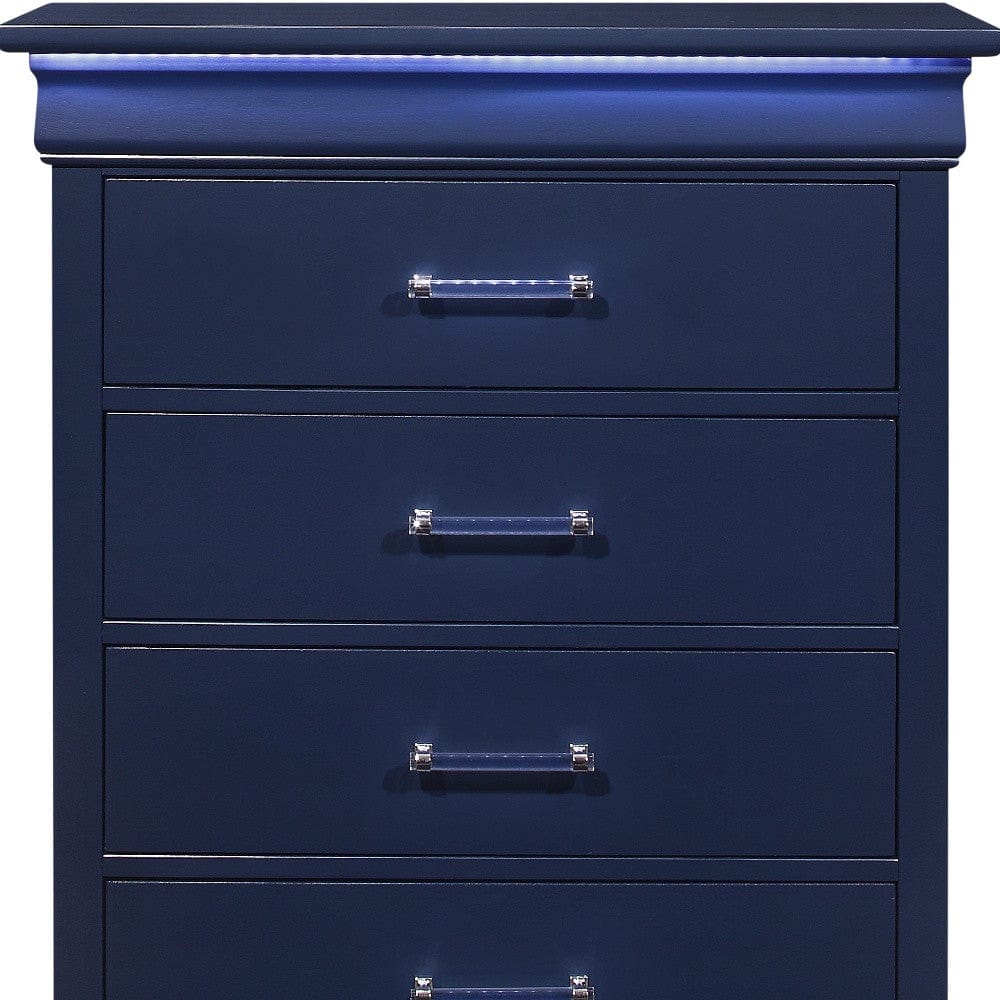 16" Blue Solid Wood Five Drawer Chest with LED Lighting