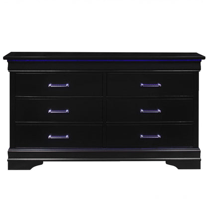 59" Black Solid Wood Six Drawer Double Dresser with LED