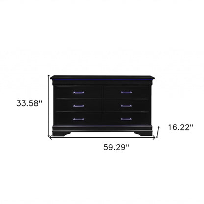 59" Black Solid Wood Six Drawer Double Dresser with LED
