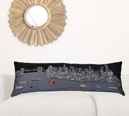 45" Black and White NYC Nighttime Skyline Lumbar Decorative Pillow