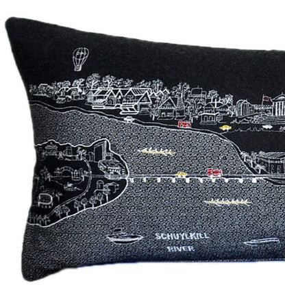 45" Black Philadelphia Nighttime Skyline Lumbar Decorative Pillow
