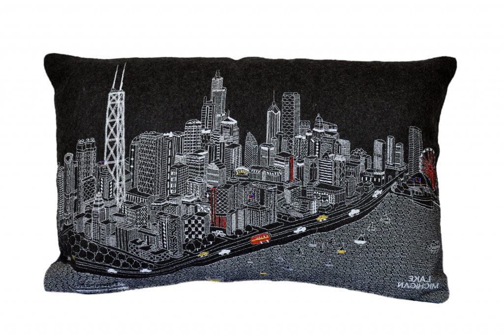 24" Black Chicago Nighttime Skyline Lumbar Decorative Pillow