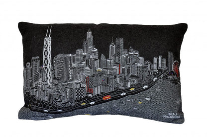 24" Black Chicago Nighttime Skyline Lumbar Decorative Pillow