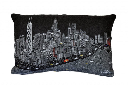 24" Black Chicago Nighttime Skyline Lumbar Decorative Pillow