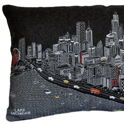 24" Black Chicago Nighttime Skyline Lumbar Decorative Pillow