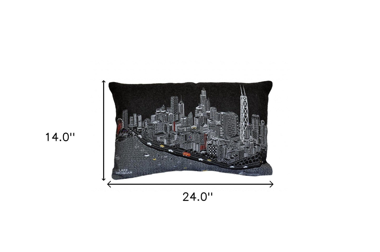 24" Black Chicago Nighttime Skyline Lumbar Decorative Pillow