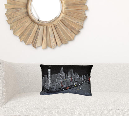 24" Black Chicago Nighttime Skyline Lumbar Decorative Pillow