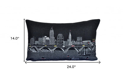 24" Black Cleveland Nighttime Skyline Lumbar Decorative Pillow