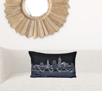24" Black Cleveland Nighttime Skyline Lumbar Decorative Pillow