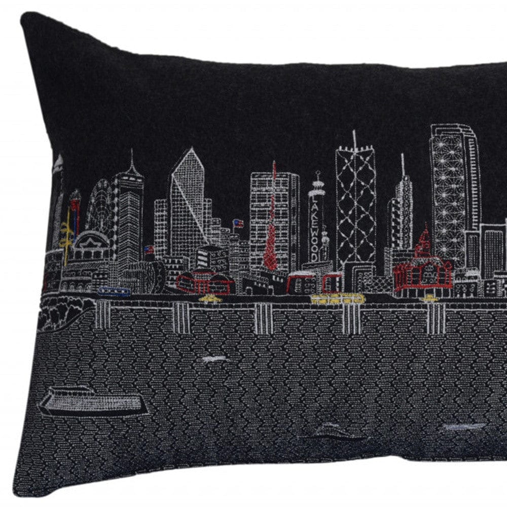 24" Black Dallas Nighttime Skyline Lumbar Decorative Pillow