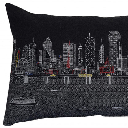 24" Black Dallas Nighttime Skyline Lumbar Decorative Pillow