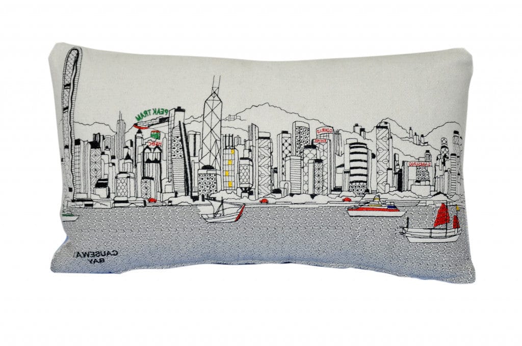 24" White Hong Kong Daylight Skyline Lumbar Decorative Pillow