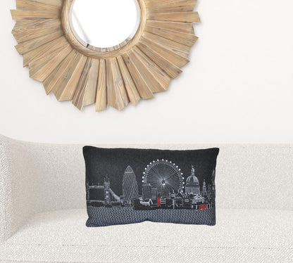 24" Black and White London Nighttime Skyline Lumbar Decorative Pillow