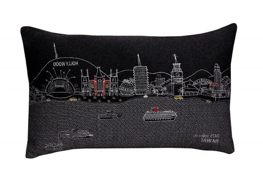 24" Black Los Angeles Nighttime Skyline Lumbar Decorative Pillow