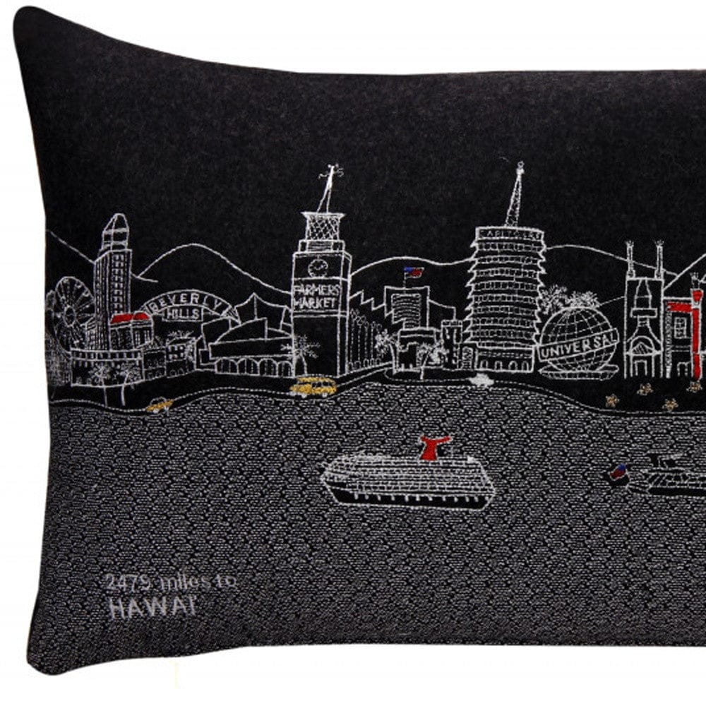 24" Black Los Angeles Nighttime Skyline Lumbar Decorative Pillow