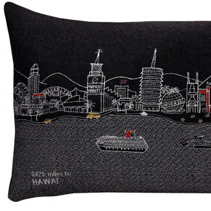 24" Black Los Angeles Nighttime Skyline Lumbar Decorative Pillow