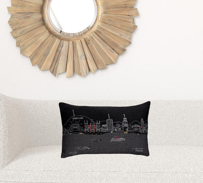 24" Black Los Angeles Nighttime Skyline Lumbar Decorative Pillow