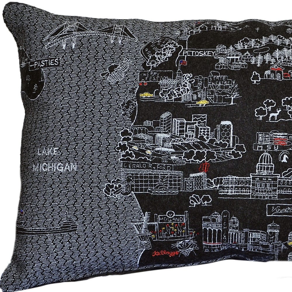 24" Black Michigan Lower Peninsula Nighttime Skyline Lumbar Decorative Pillow